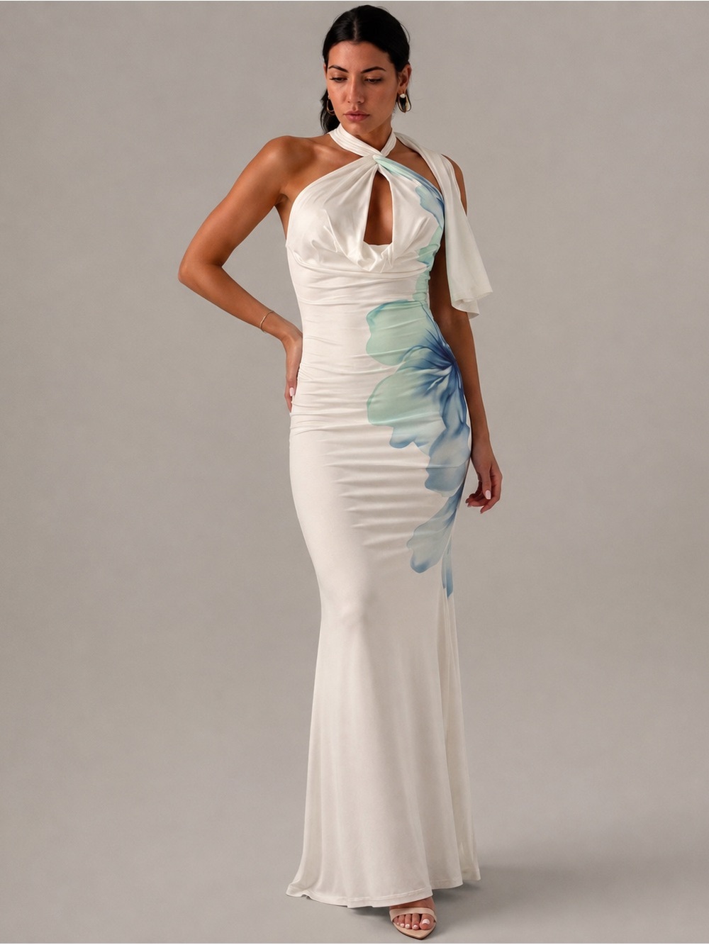 Elegant White Halter Floral-Accent Maxi Dress